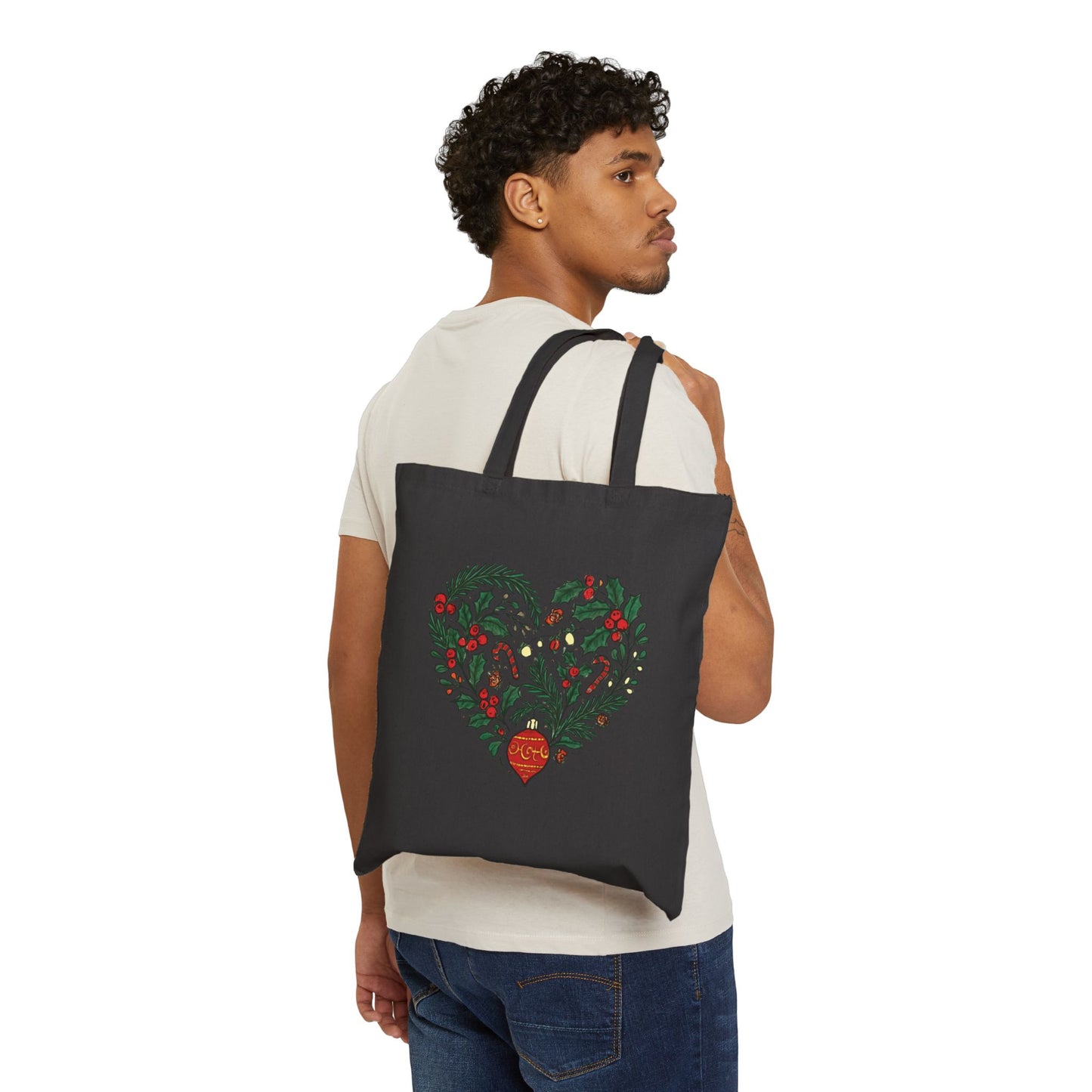 Christmas Tote Bag - 'I'm Fine, It's Fine' Snowman Mug & Holly Heart Holiday Canvas Tote