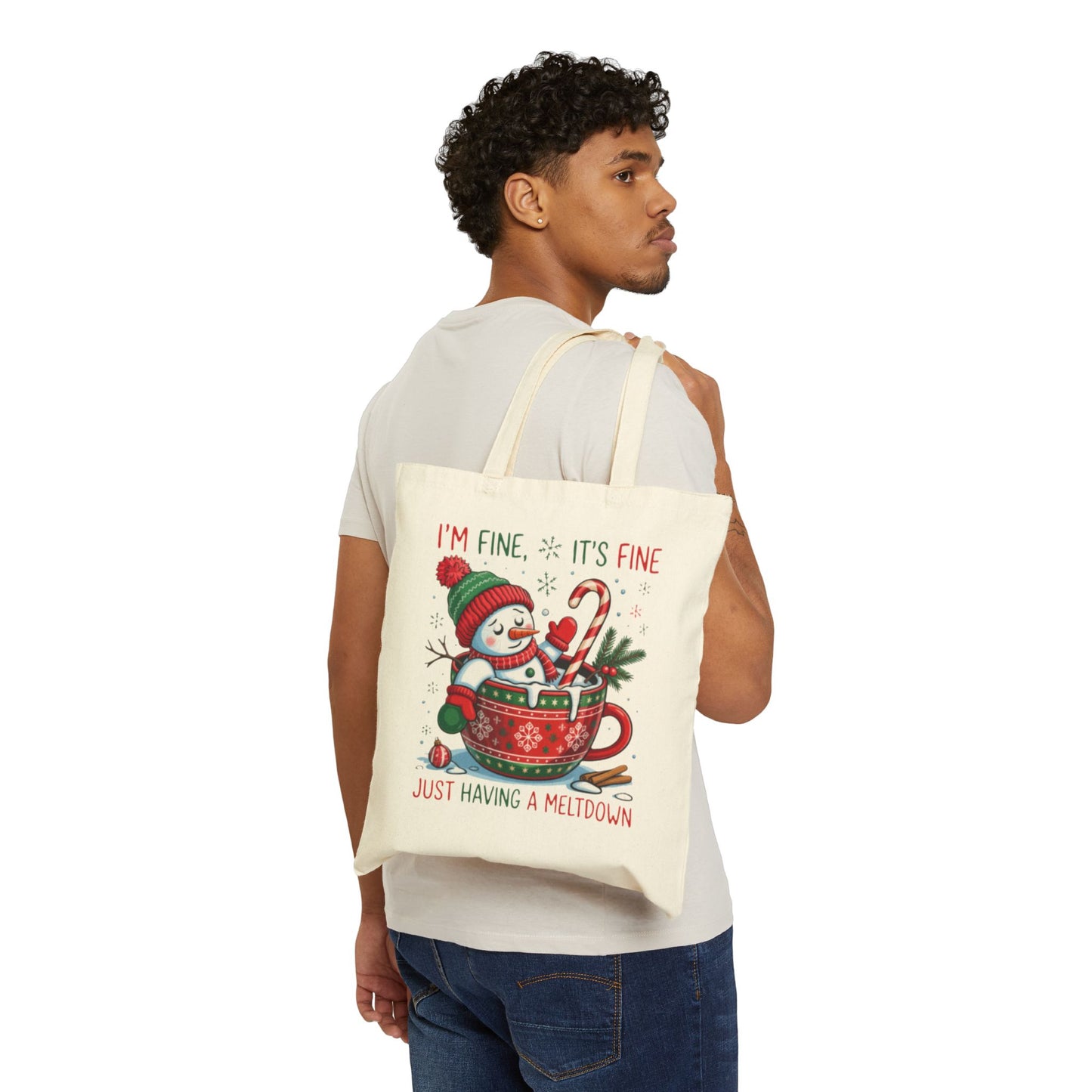 Christmas Tote Bag - 'I'm Fine, It's Fine' Snowman Mug & Holly Heart Holiday Canvas Tote