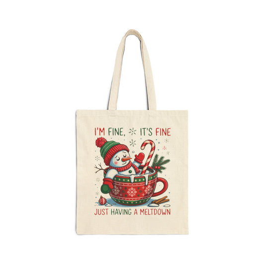 Christmas Tote Bag - 'I'm Fine, It's Fine' Snowman Mug & Holly Heart Holiday Canvas Tote