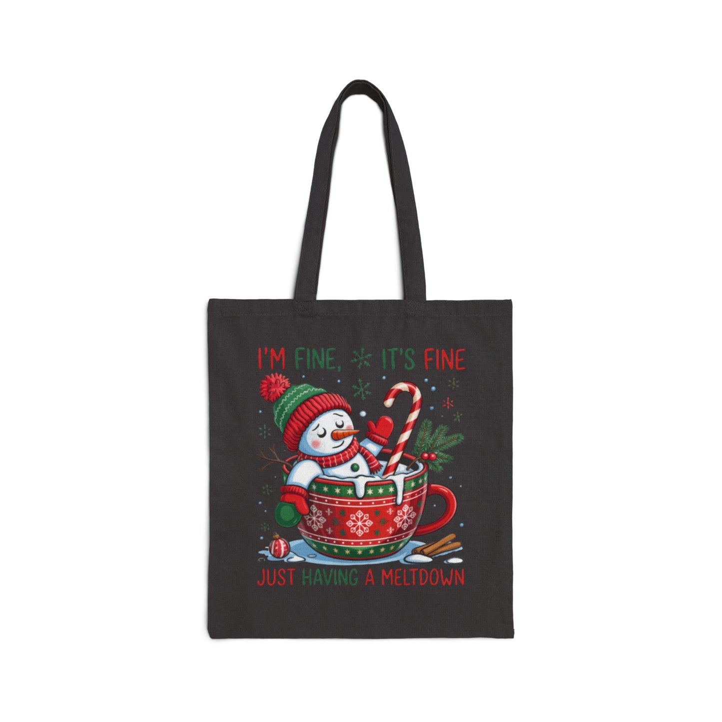 Christmas Tote Bag - 'I'm Fine, It's Fine' Snowman Mug & Holly Heart Holiday Canvas Tote