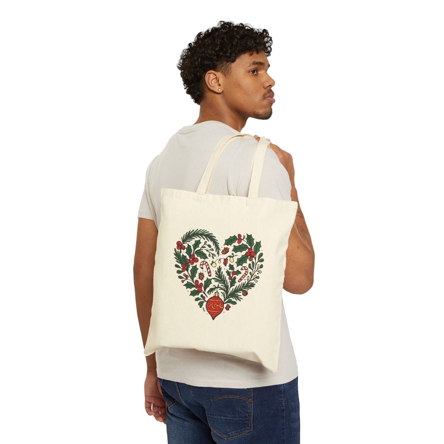 Christmas Tote Bag - 'I'm Fine, It's Fine' Snowman Mug & Holly Heart Holiday Canvas Tote