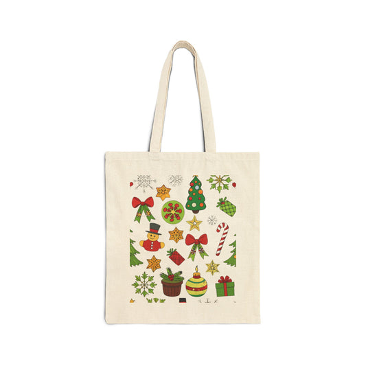 Christmas Icons Cotton Canvas Tote — Holiday Tree, Ornaments & Snowman Gift Bag
