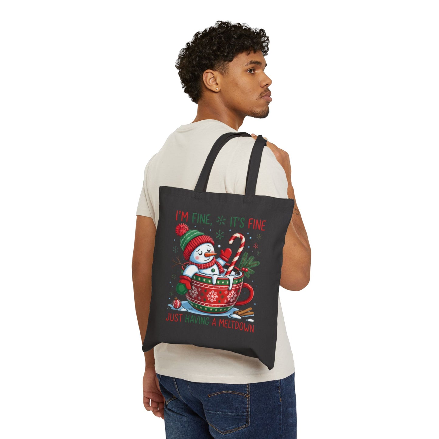 Christmas Tote Bag - 'I'm Fine, It's Fine' Snowman Mug & Holly Heart Holiday Canvas Tote